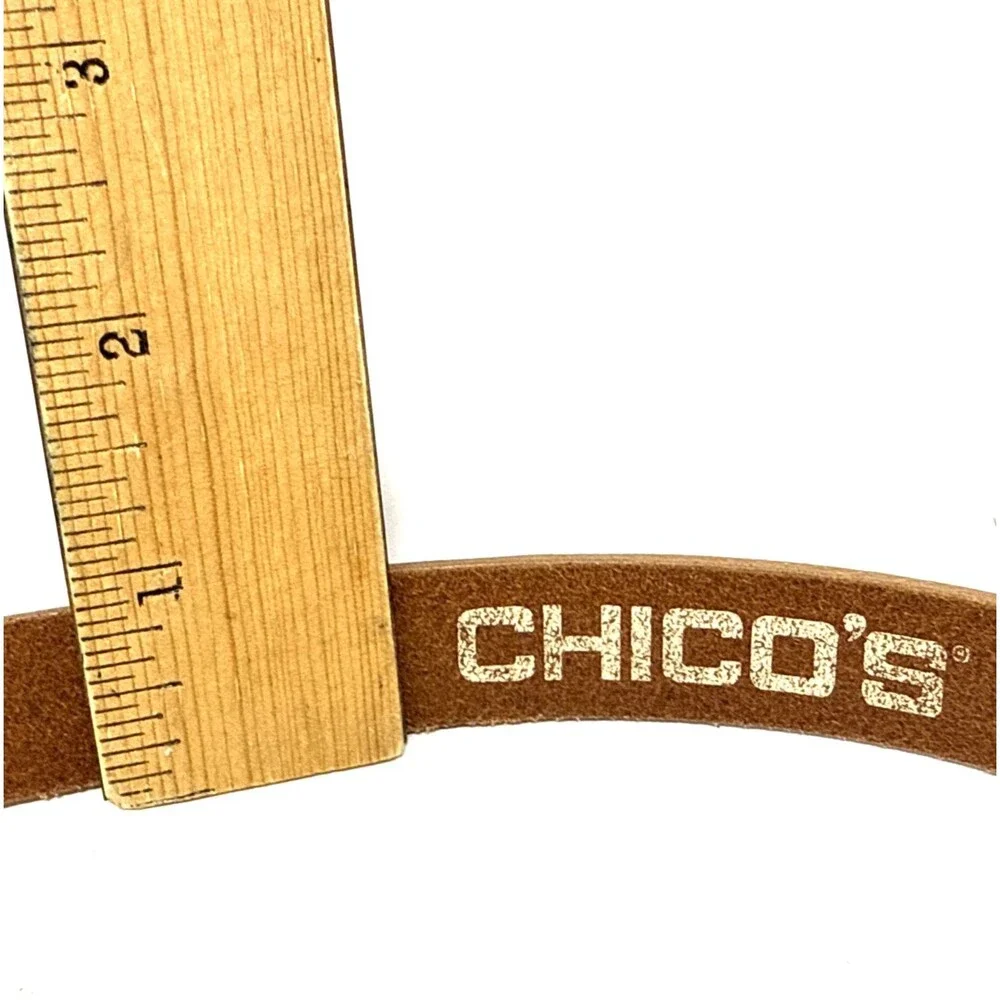 CHICO'S Leather & Brass Hook Buckle Belt Womens M/L Brown Gemstones Adjustable